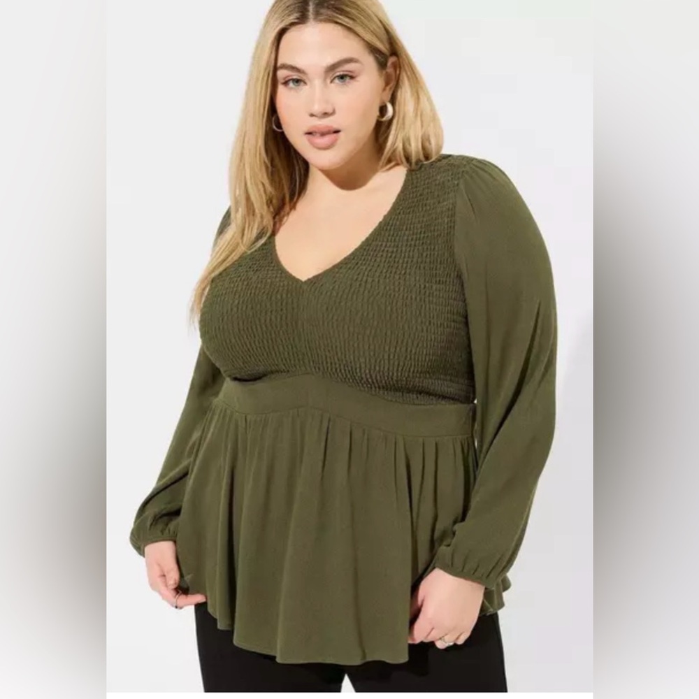 *** TORRID Babydoll  V Neck. Smocked Women's top in the colour Deep Depths